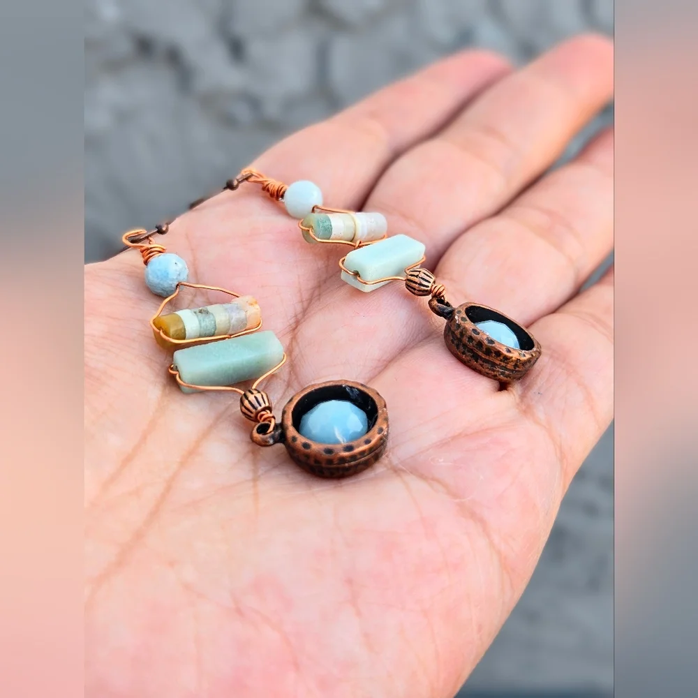 Natural Amazonite In The Scythian Spirit Set In Antique Copper Artifact Earrings - Picture 8 of 11